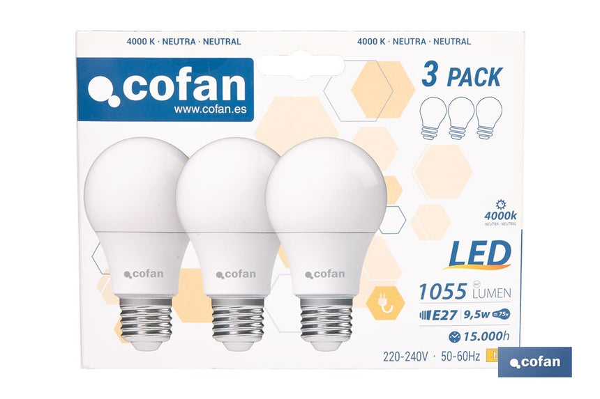 Pack de 3 bombillas LED classic E27 de luz neutra 4000K Potencia 9,5 W y 1055 lúmenes | Ahorro de energía y larga duración 15.000 h de vida