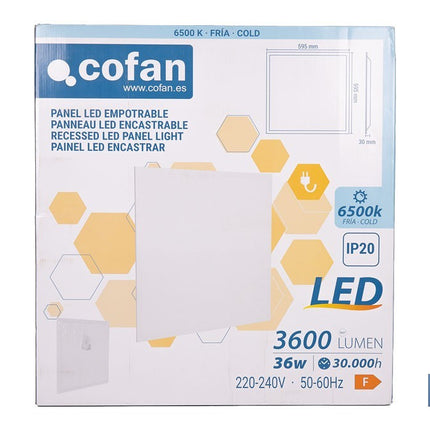 Panel LED empotrable backlight 36 W 3600 lúmenes con luz fría 6500 K | Ahorro de energía y larga duración 30 000 h de vida | Medidas 59,5 x 59,5 cm