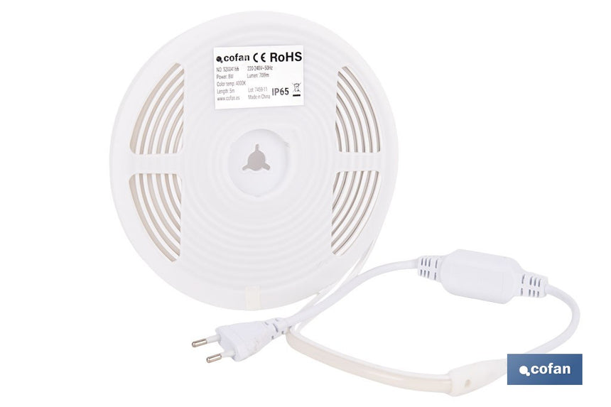 Tira de luz LED neón COB | Impermeable IP65, 8 W, 4000 K, 700 lúmenes | Longitud: 5 metros