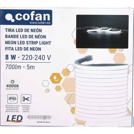 Tira de luz LED neón COB | Impermeable IP65, 8 W, 4000 K, 700 lúmenes | Longitud: 5 metros