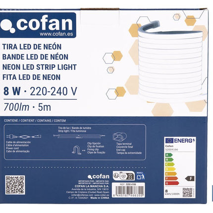 Tira de luz LED neón COB | Impermeable IP65, 8 W, 4000 K, 700 lúmenes | Longitud: 5 metros
