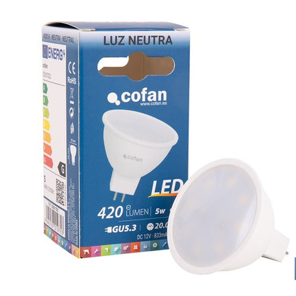 Lámpara LED COB GU-5.3 5W | 4000 K Luz Neutra | 420 lúmenes | Ángulo de 110° | 12V DC | Ahorro Energético del 90% | +50.000 Encendidos | 20.000h de Vida