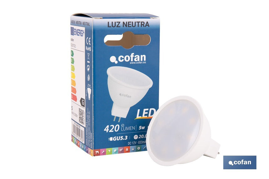 Lámpara LED COB GU-5.3 5W | 4000 K Luz Neutra | 420 lúmenes | Ángulo de 110° | 12V DC | Ahorro Energético del 90% | +50.000 Encendidos | 20.000h de Vida