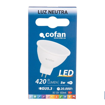 Lámpara LED COB GU-5.3 5W | 4000 K Luz Neutra | 420 lúmenes | Ángulo de 110° | 12V DC | Ahorro Energético del 90% | +50.000 Encendidos | 20.000h de Vida