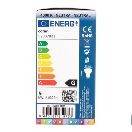 Lámpara LED COB GU-5.3 5W | 4000 K Luz Neutra | 420 lúmenes | Ángulo de 110° | 12V DC | Ahorro Energético del 90% | +50.000 Encendidos | 20.000h de Vida