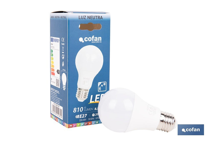 Bombilla Clásica LED con Sensor de Presencia E27 | 8,5 W - 810 lúmenes | 4000 K - luz neutra | Detección 360° <6 m | Ahorro Energético 90% | 20.000 h de Vida