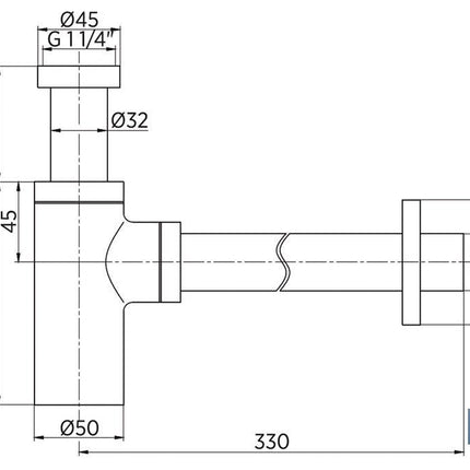 Sifón de Botella | Extensible | Cromado Cilíndrico | Salida horizontal de 330 mm de longitud y Ø32 mm