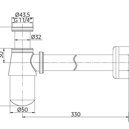 Sifón de botella Cromado | Extensible | Con Salida Horizontal de 330 mm y Ø32 mm | Rosca 1 1/4