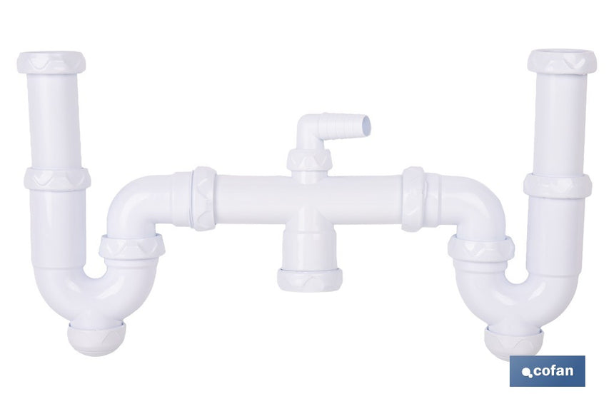 Sifón curvo doble extensible | Salida orientable de Ø32-40 mm y racores de 1 1/2 | Adecuado para fregaderos