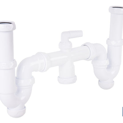 Sifón curvo doble extensible | Salida orientable de Ø32-40 mm y racores de 1 1/2 | Adecuado para fregaderos