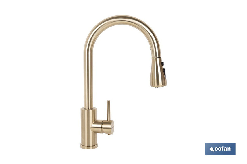 Grifo de cocina extensible dorado con 3 funciones y giro 360° | Material: acero inoxidable | Acabado cepillado | Cartucho cerámico Ø35 mm