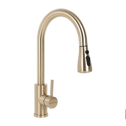Grifo de cocina extensible dorado con 3 funciones y giro 360° | Material: acero inoxidable | Acabado cepillado | Cartucho cerámico Ø35 mm