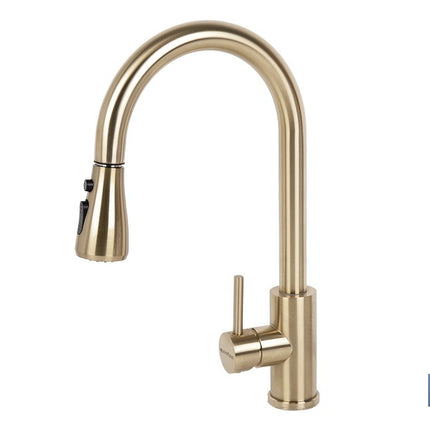 Grifo de cocina extensible dorado con 3 funciones y giro 360° | Material: acero inoxidable | Acabado cepillado | Cartucho cerámico Ø35 mm
