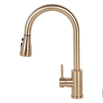 Grifo de cocina extensible dorado con 3 funciones y giro 360° | Material: acero inoxidable | Acabado cepillado | Cartucho cerámico Ø35 mm