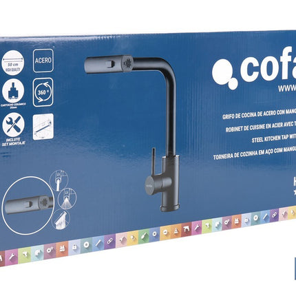 Grifo de cocina negro con 3 funciones y giro 360º | Material: acero inoxidable 304 | Cartucho cerámico de Ø35 mm