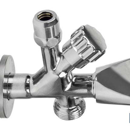 Válvula de Escuadra | Medidas: 1/2 x 3/4 x 3/8 | Modelo Combi | Fabricada en Latón CW617N | Rosca de Entrada a Gas