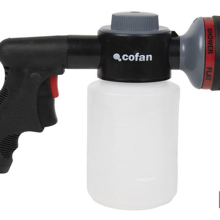 Pistola de riego con 6 posiciones ajustables y depósito para dispensador de jabón de 500 ml