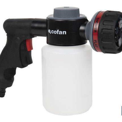 Pistola de riego con 6 posiciones ajustables y depósito para dispensador de jabón de 500 ml
