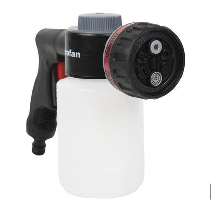 Pistola de riego con 6 posiciones ajustables y depósito para dispensador de jabón de 500 ml