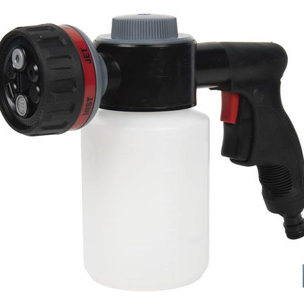 Pistola de riego con 6 posiciones ajustables y depósito para dispensador de jabón de 500 ml