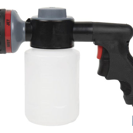 Pistola de riego con 6 posiciones ajustables y depósito para dispensador de jabón de 500 ml