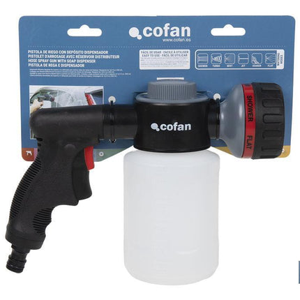 Pistola de riego con 6 posiciones ajustables y depósito para dispensador de jabón de 500 ml