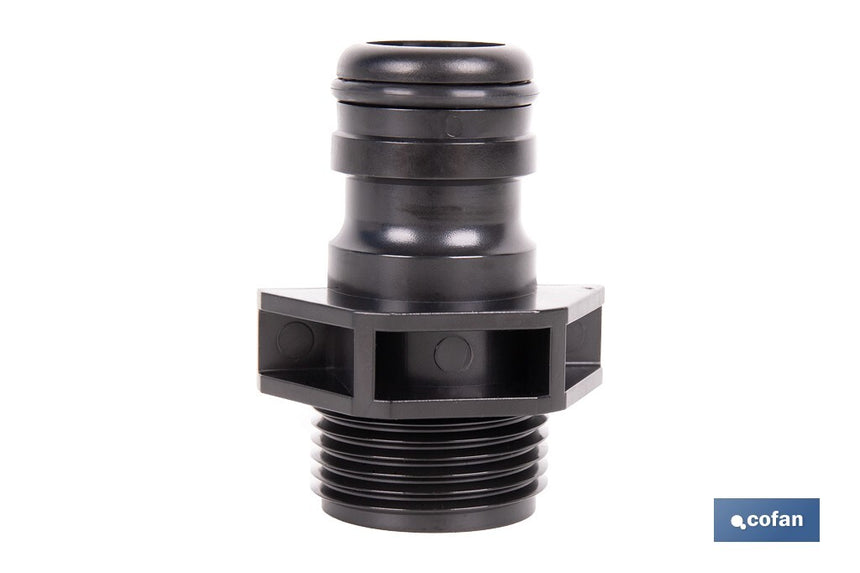 Adaptador de polipropileno con rosca macho antifugas | Ligero y resistente | Adecuado para riego y mangueras | Disponible para salidas de 3/4 y 1