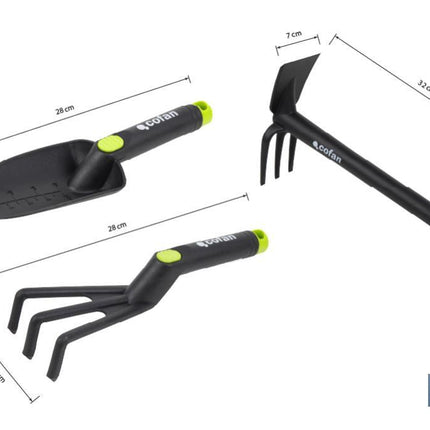 Set de 3 herramientas de jardinería | Incluye: trasplantador, rastrillo y azuela