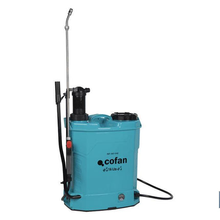 Pulverizador de espalda | Funcionamiento eléctrico y manual | Capacidad: 16 litros | Batería de Li-Ion 12 V | Lanza 60 cm | 4 boquillas | Correas acolchadas