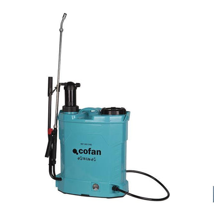 Pulverizador de espalda | Funcionamiento eléctrico y manual | Capacidad: 16 litros | Batería de Li-Ion 12 V | Lanza 60 cm | 4 boquillas | Correas acolchadas