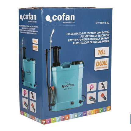 Pulverizador de espalda | Funcionamiento eléctrico y manual | Capacidad: 16 litros | Batería de Li-Ion 12 V | Lanza 60 cm | 4 boquillas | Correas acolchadas