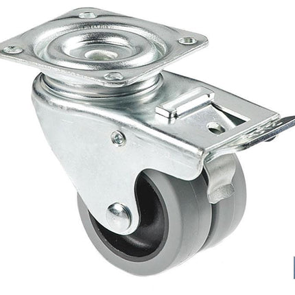 Rueda doble de polipropileno con placa de 60 mm | Diámetro de 50 mm con freno | Para pesos de hasta 70 kg