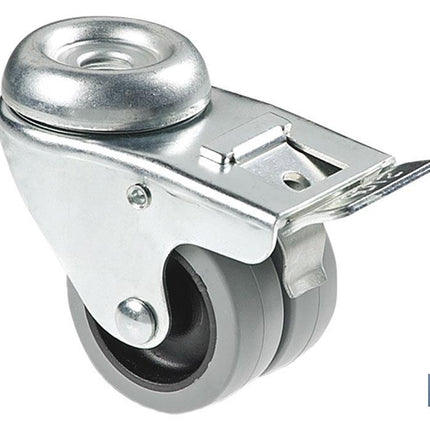 Rueda doble de polipropileno con agujero pasante de 12 mm y freno | Diámetro de 50 mm | Para pesos de hasta 70 kg