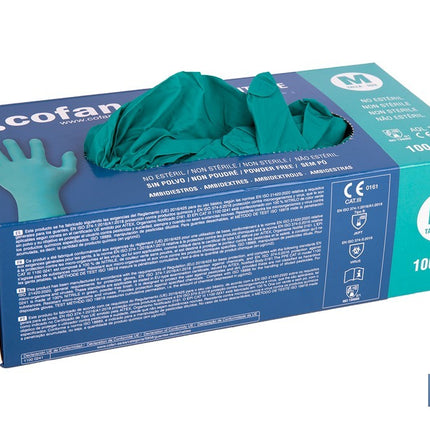 Caja de 100 guantes de nitrilo desechables de color verde, sin polvo, de alta resistencia y protección profesional Cofan · Imagen de la familia Cofan