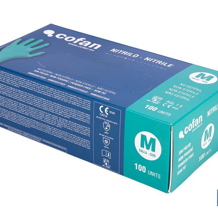 Caja de 100 guantes de nitrilo desechables de color verde, sin polvo, de alta resistencia y protección profesional Cofan · Imagen de la familia Cofan