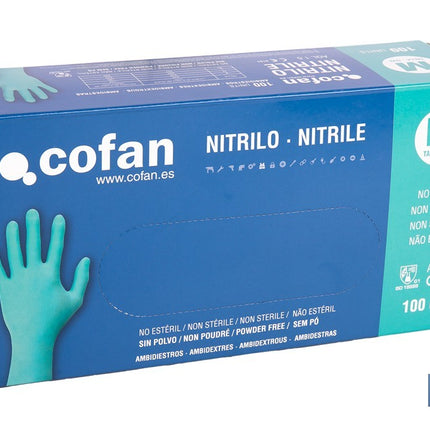 Caja de 100 guantes de nitrilo desechables de color verde, sin polvo, de alta resistencia y protección profesional Cofan · Imagen de la familia Cofan