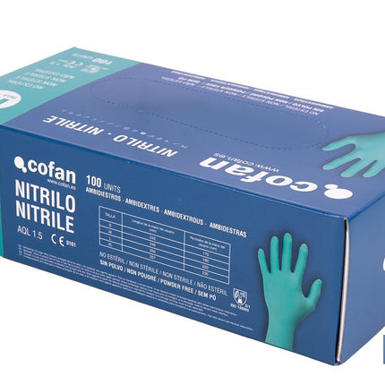 Caja de 100 guantes de nitrilo desechables de color verde, sin polvo, de alta resistencia y protección profesional Cofan · Imagen de la familia Cofan