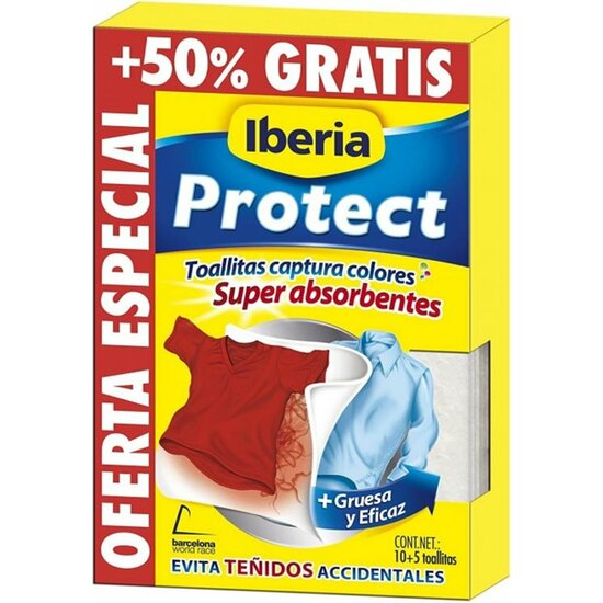 PROTECT SUPER ABSORBENT WIPES FOR COLORED CLOTHES PREVENTS ACCIDENTAL DYEING BOX OF 15 UNITS