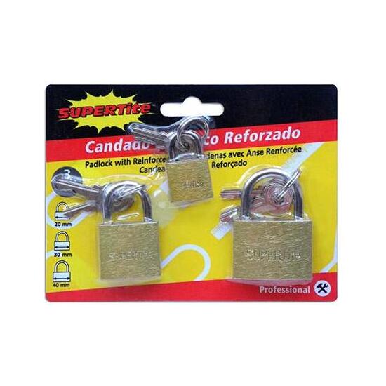 PADLOCK WITH REINFORCED SHAFT 20 + 30 + 40MM - 3 UNITS